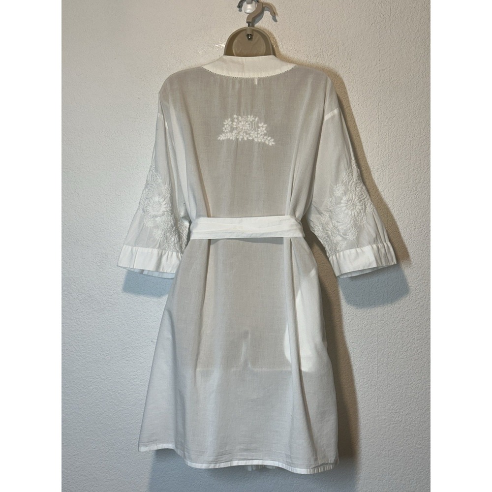 La Cera White Cotton Embroidered Robe Tie Pockets Boho Cottagecore  M/L - Picture 3 of 8